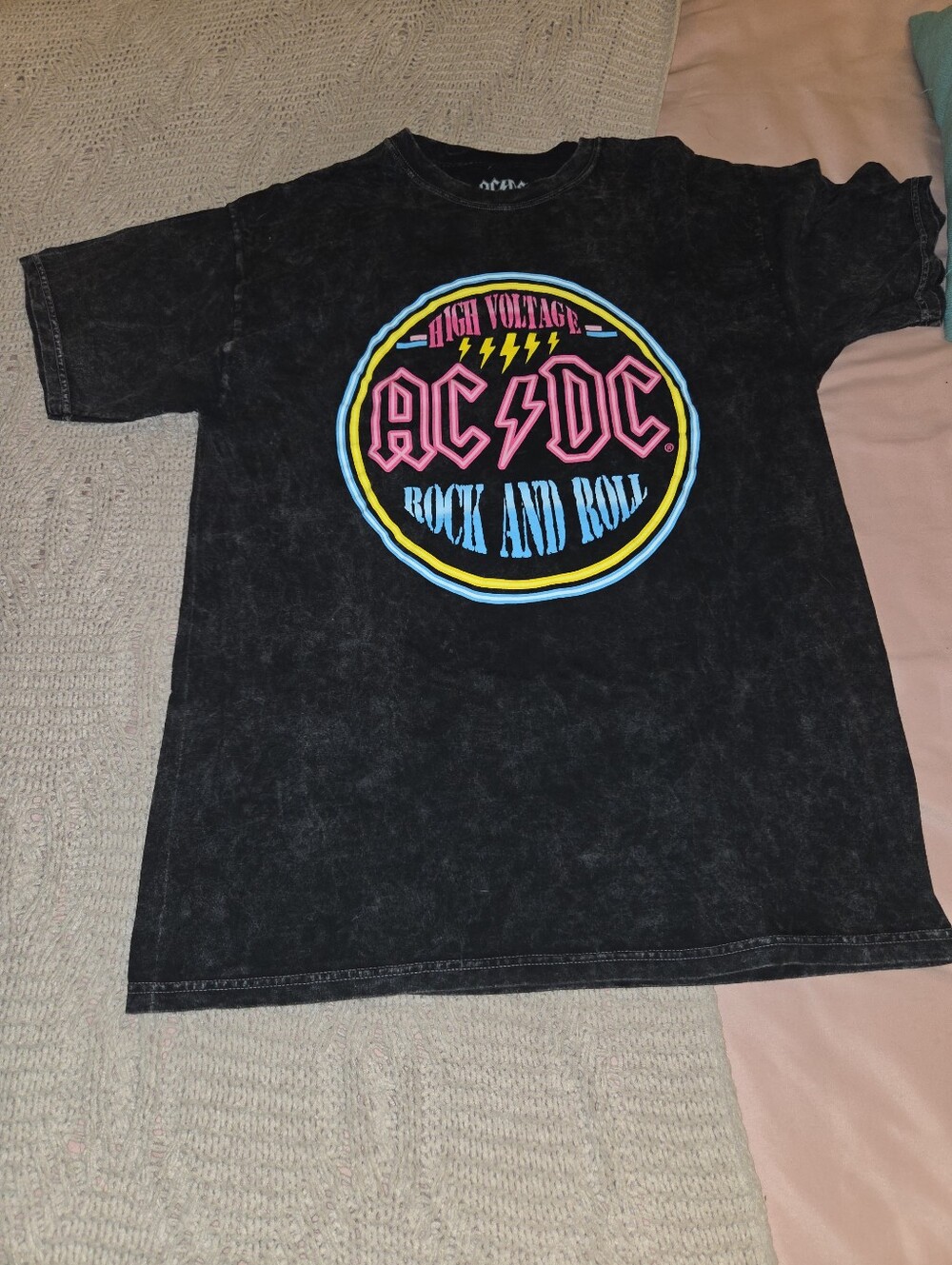 AC/DC Black Tee with Neon Pink, Blue & Yellow Logo